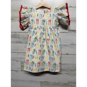 Smockingbird Crayon Print Dress Kids 2T White Red Flutter Sleeve EUC